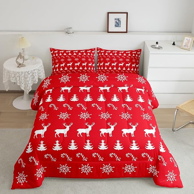 Erosebridal Christmas King Bedding Set 7 Piece,Xmas Elk Deer Bed in A Bag,Winter Snowflake Comforter Set Candy Pine Tree Sheet Set with Comforter,Red Christmas Decoration