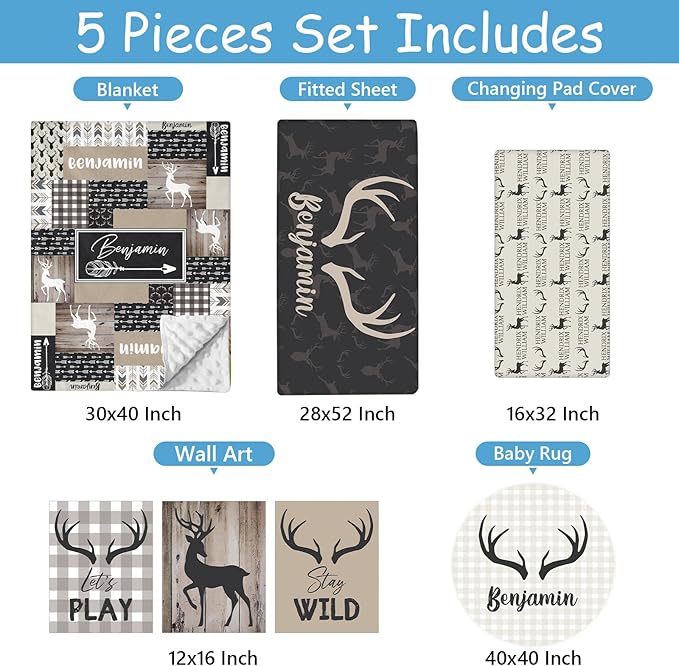 Custom Crib Bedding Set for Boys, 5 Pcs Personalized Woodland Deer Crib Set with Name, Double Layer Nursery Bedding Sets for Infant Toddlers Kids, Baby Blanket, Newborn Infant Customized Gift