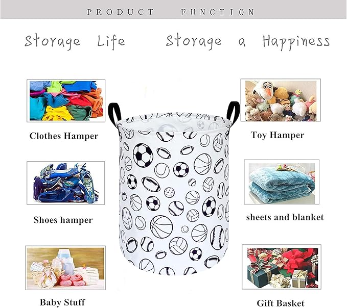 KUNRO Round Basketball Football Laundry Gift Basket Storage Hamper, Kids Toys and Clothes Storage Organizer Bins, Toy Shelf Basket with Handles for Room Decor (Sports ball)