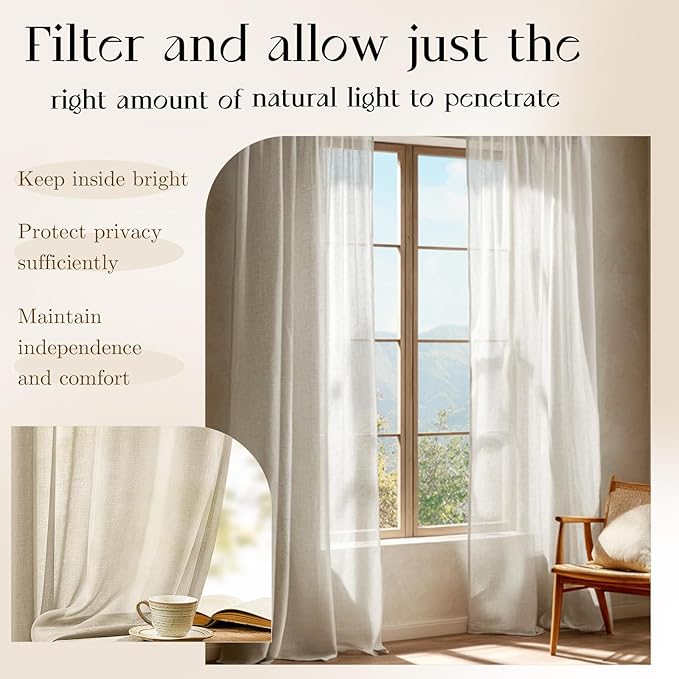 Dreaming Casa Taupe Sheer Curtains 84 Inches Long, Rod Pocket & Back Tab Light Filtering Textured Sheers for Living Room Bedroom, 2 Panels, Each 100" W x 84" L