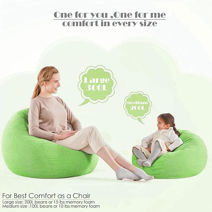 Nobildonna 3 ft Bean Bag Chair Cover (No Filler) 35"×43" Large Stuffed Animal Storage Bean Bag Washable Big Beanbag Chair Cover Premium Corduroy Bean Bag Cover for Adults,Kids,Fruit Green 300L