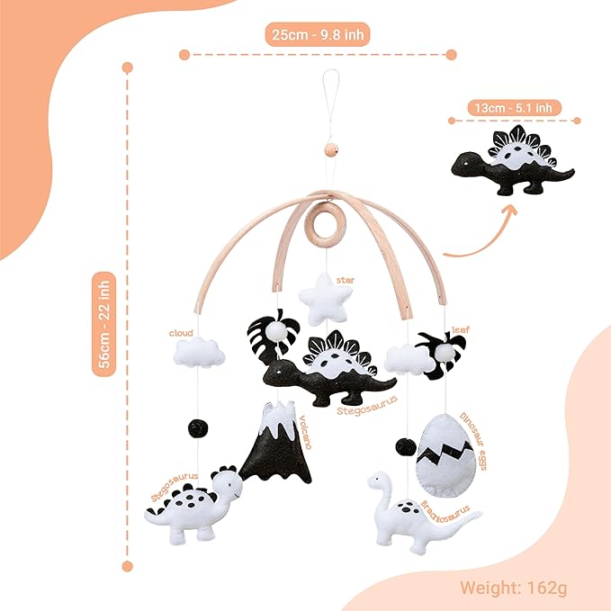 Montessori Baby Mobile – Handmade Black & White Dinosaur Crib Mobile – Nursery Decor for Boys and Girls – Newborn Visual Development – Perfect Baby Shower Gift