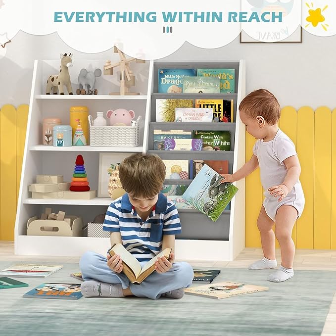 NACHES Montessori Kids Bookshelf Fabric Sling Pockets & Open Shelves – Front Facing Toddler Book Display and Toy Storage Organizer for Nursery Playroom or Bedroom 35" Wide (White, Middle)