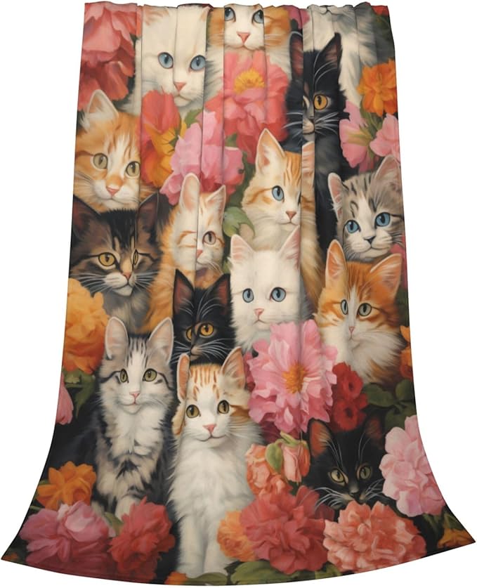 Cute Cat Blanket Gifts for Cat Lovers Girls Women Kitten Floral Flannel Throw Blankets for Home Couch Bed Sofa Soft Fuzzy Lightweight Decor All Season 50x40 Inches