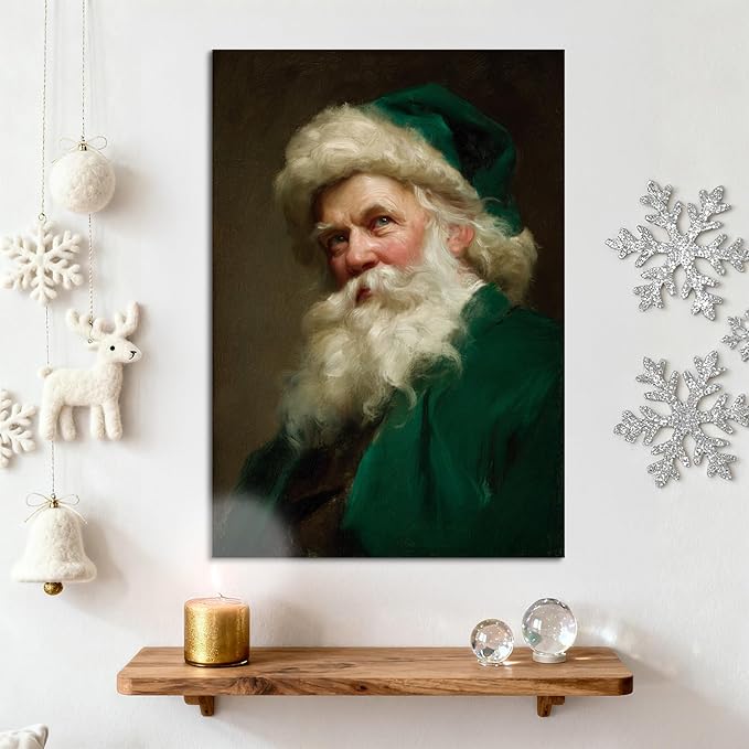 YONICA Christmas Canvas Wall Art Green Santa 28x40 Inch Historical Christmas Figure Art - Large Framed Gallery Wrapped Collectors Edition