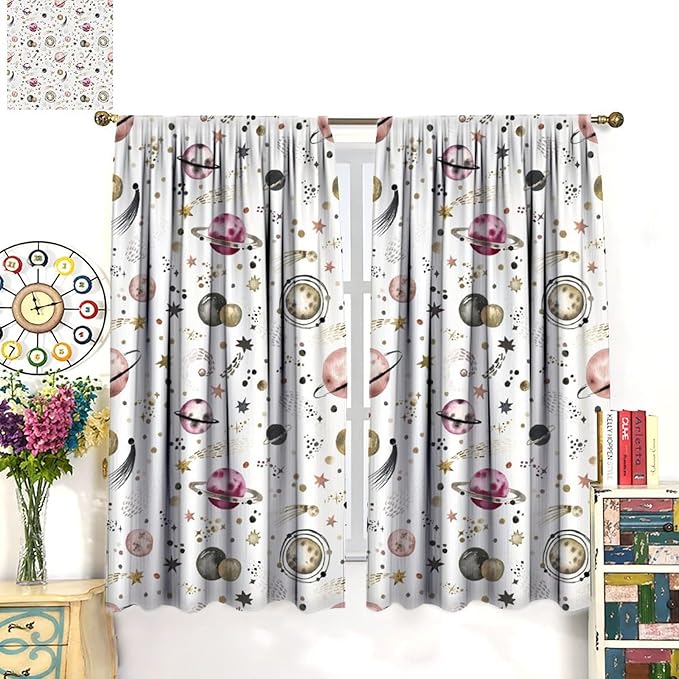 Kids Outer Space Curtains, Cartoon Galaxy Planet Universe Starry Starts Printed Window Drapes for Boys Girls Teens Bedroom Nursery 63" W X 72" L