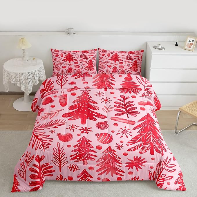 Feelyou Christmas Kids Comforter Set King Size Snowflake Candy Bedding Set Xmas Tree Duvet Quilt for Kids Boys Girls Bedroom Pine Tree Decor Microfiber Ultra Soft Breathable