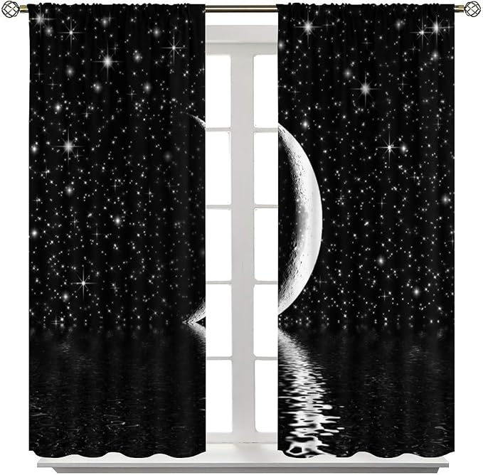 Night Starry Sky Curtain, Black Moon Phase Cloud Stars White New Moon Sparkly Shiny Galaxy Space Lake Fantasy Window Curtains for Kids Boys Girls Room Bedroom Living Room 42" W X 54" L