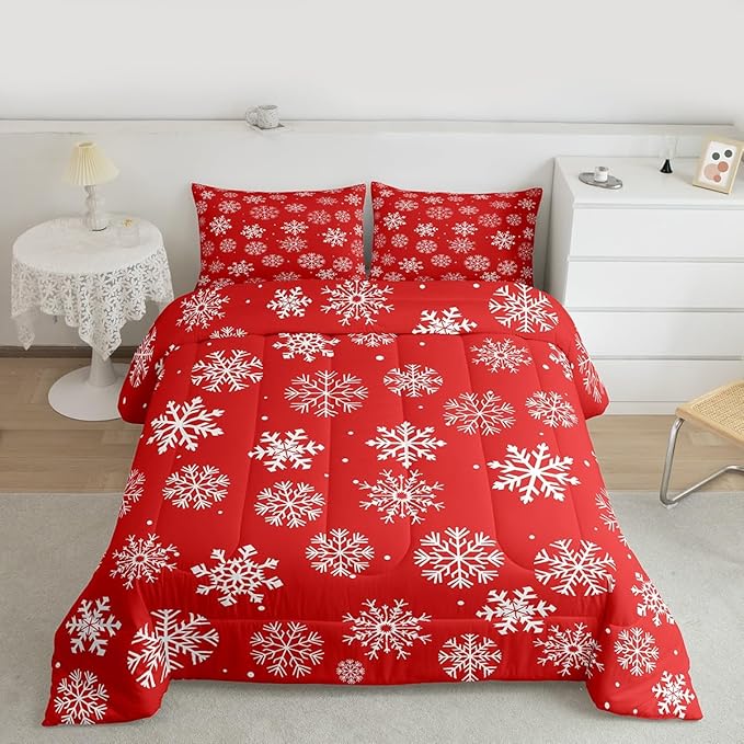 Feelyou Christmas Comforter Set All Season Winter Snowflake Bedding Set with 2 Pillow Cases Xmas Festival Microfiber Kids King Bedclothes Snowflake Red Bedroom Decor Duvet Quilt Breathable Soft