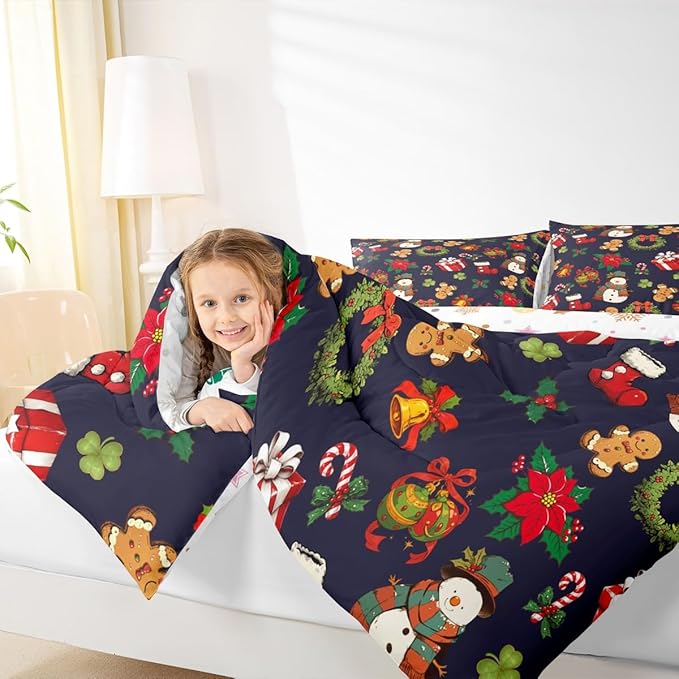 jejeloiu Merry Christmas Comforter Set King Size Cute Snowman Bedding Set for Kids Boys Girls Gingerbread Man Duvet Quilt Dark Blue Bedroom Decor