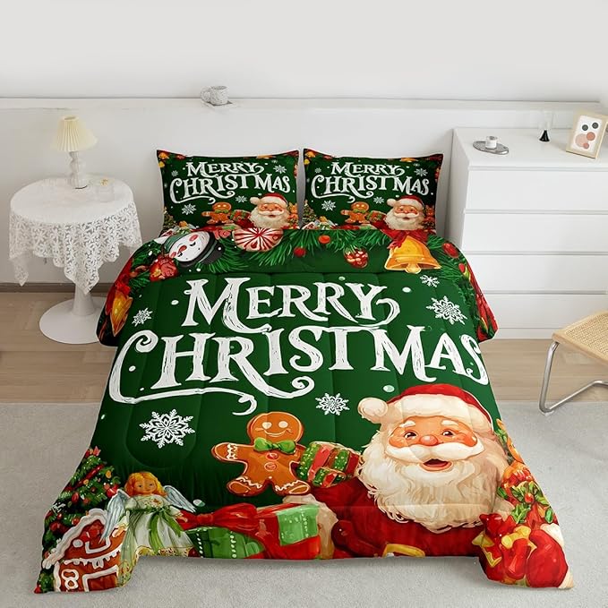 Feelyou Green Christmas Comforter Set All Season Santa Claus Bedding Set with 2 Pillow Cases Gingerbread Microfiber Kids King Bedclothes Bedroom Decor Duvet Quilt Breathable Soft