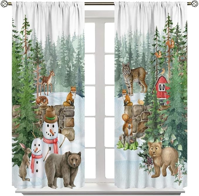 Woodland Animal Curtains, Watercolor Squirrel Hare Bear Bird Pattern Blackout Window Treatments, Rod Pocket Thermal Insulated Drapes 2 Panel Sets for Kids Bedroom Nursery Classroom, 42" W X 54" L