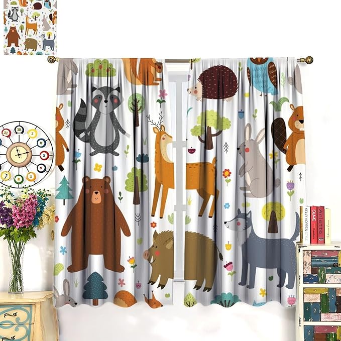 Forest Animals Kids Blackout Curtains Cartoon Cute Bear Deer Squirrel Owl Hedgehog Modern Art Print for Boys Girls Bedroom Living Room Nursery Rod Pocket Decoration Window Drapes 2 Panels W21xL45in