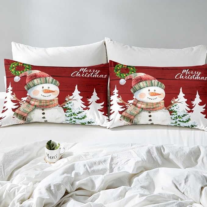 Manfei Merry Christmas Duvet Cover Set Twin Size, Cute Snowman and Xmas Tree Print Comforter Cover with 1 Pillowcase, Red Wooden Stripe Print Bedding Set 2pcs for Kids Girls Bedroom Decor,No Comforter