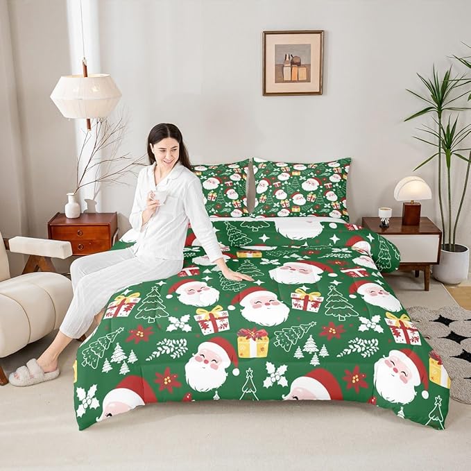 jejeloiu Santa Claus Comforter Set Toddler Size Merry Christmas Bedding Set for Kids Boys Girls Xmas Themed Duvet Quilt Green Bedroom Decor