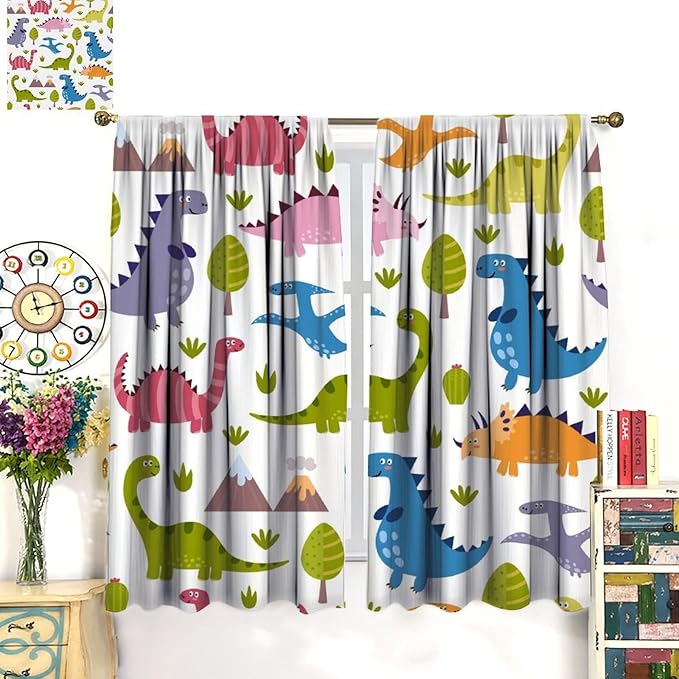 Dino Curtains, Cartoon Style Colorful Dinosaurs Pattern Blackout Window Treatments, Rod Pocket Thermal Insulated Drapes 2 Panel Sets for Kids Bedroom Nursery Classroom, 63" W X 63" L