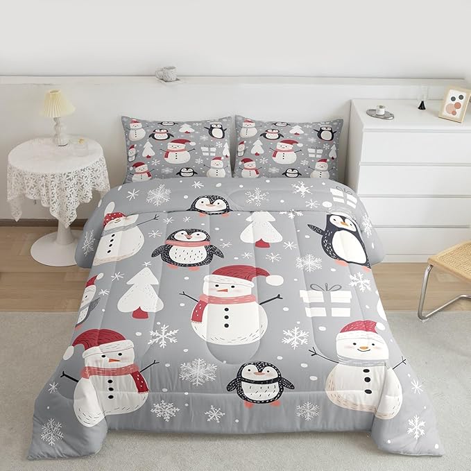 Feelyou Christmas Comforter Set Queen Size Snowman Snowflake Bedding Set for Kids Boys Girls Penguin Duvet Quilt New Year Gift Bedroom Decor Microfiber 3 Pcs with 2 Pillow Cases