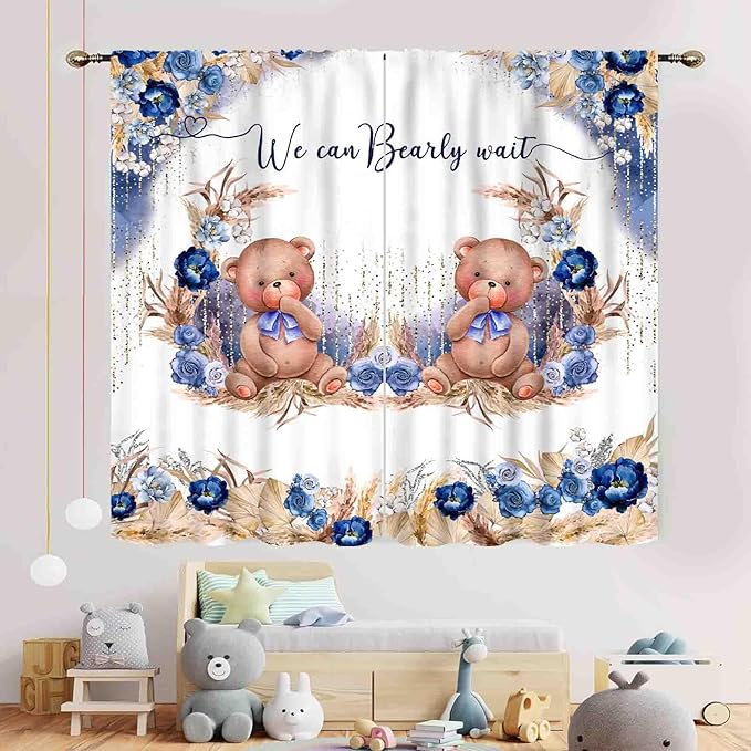 Bear Curtains for Kids Room, Baby Boys Girls Cute Lovely Bear Watercolor Floral Blue Window Drapery Treatments for Living Room Bedroom Nursey Toddler Classroom 2 Panels, 84"x63" Inch