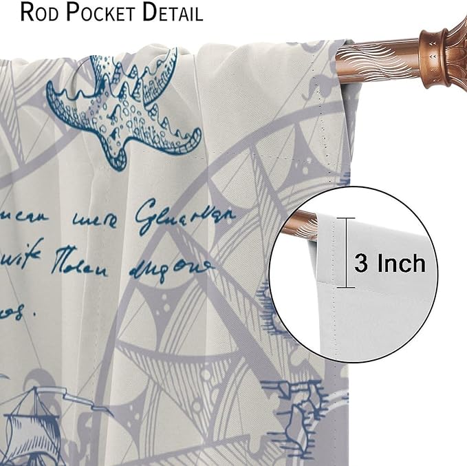 Nautical Sailboat Map Curtain,Ship Compass Lighthouse Anchor Decorative Curtain Polyester Fabric Waterproof Bedroom Curtain Set 2 Panels,42x63 Inches