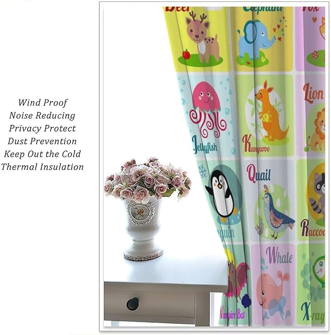 Kids Alphabet Letter Curtains Funny Education School Cute Cartoon Animal Printed Curtain with Rod Pocket for Bedroom Living Room Home Drapes Window Treatments 2 Panels Set 63" W X 72" L