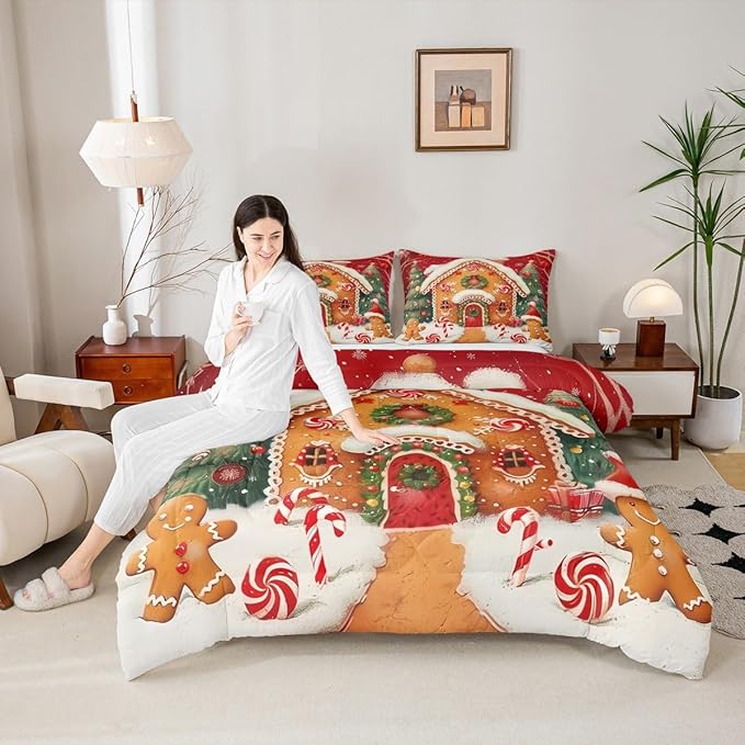 jejeloiu Kids Christmas Theme Comforter Set King Size Xmas Tree Gingerbread Man Bedding Set for Boys Girls Teens Candy Cane House Winter Happy New Year Duvet Quilt Room Decor