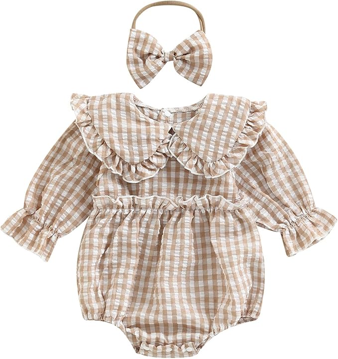Karuedoo Newborn Baby Girl Clothes Gingham Plaid Bubble Romper Long Sleeve Ruffle Bodysuit with Headband Spring Fall Outfit