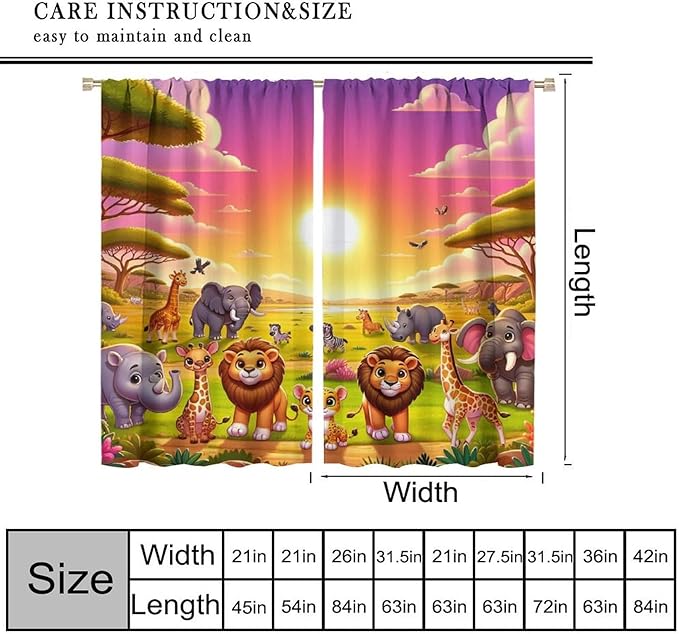 West Animal Curtains Kids Boys Girls Window Treatment Africa Cartoon Animals Lion Elephant Giraffe for Nursery Baby Bedroom Playroom Decor Window Drapes 63" W X 63" L