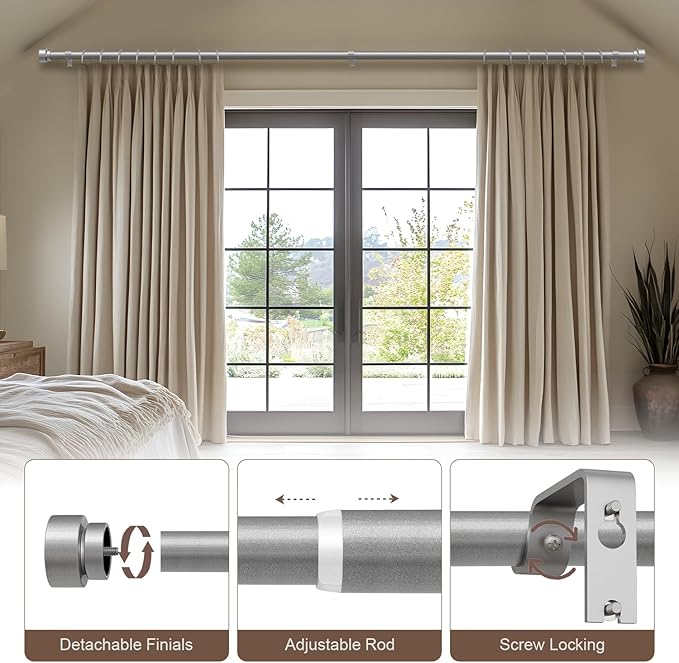 Modern Silver Curtain Rods for Windows 28 to 48 Inches Adjustable Length Heavy Duty 1" Diameter Window Curtain Rod with Decorative Finials for Outdoor Bedroom Kitchen Living Room