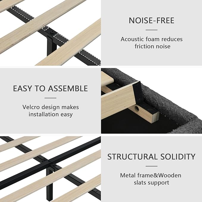 King Bed Frames,Breathable Boucle Fabric Upholstered Bed Frame with Headboard,Removable and Washable,Wood Slat Support,No Box Spring Needed,Easy Assembly, Dark Grey