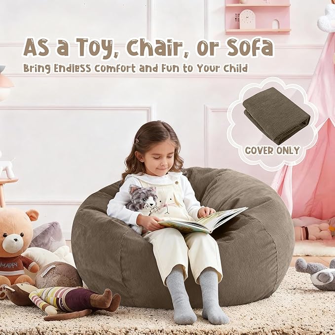 Nobildonna Bean Bag Chair Cover (No Filler) for Kids and Adults,Beanbag Stuffed Animal Storage Without Filling Plush Toys Holder and Organizer Soft Premium Corduroy 200L (Light Brown)