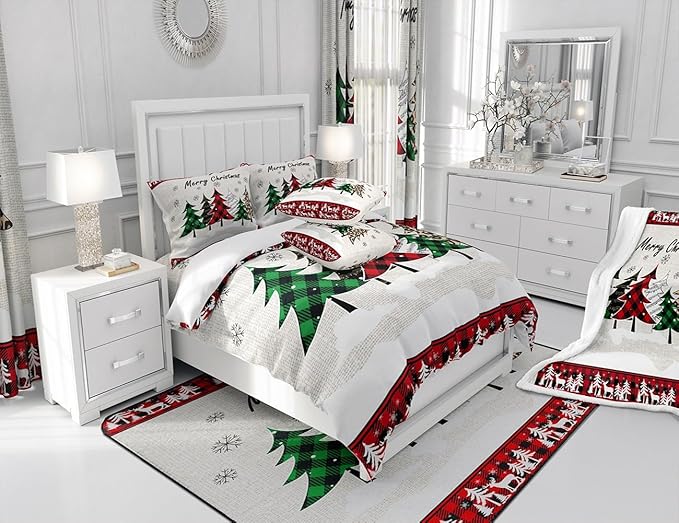 Manfei Xmas Trees Comforter Set Twin Size, Merry Christmas Bedding Set 2pcs for Kids Boys Girls Room Decor, Pine Trees Snowflake Deers Down Comforter Soft Polyester Quilt Set with 1 Pillowcase