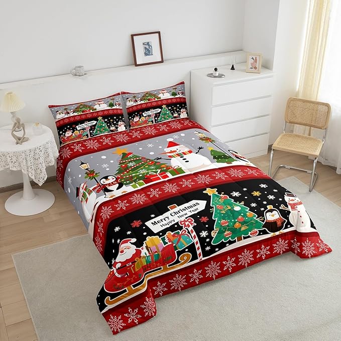 Erosebridal Christmas Tree Decor Quilts Cartoon Snowman Comforter Set for Teens Kids Boys Xmas Deer Elk Santa Claus Bedding Set for New Year Snowflake Red and Black Duvet Insert King Size