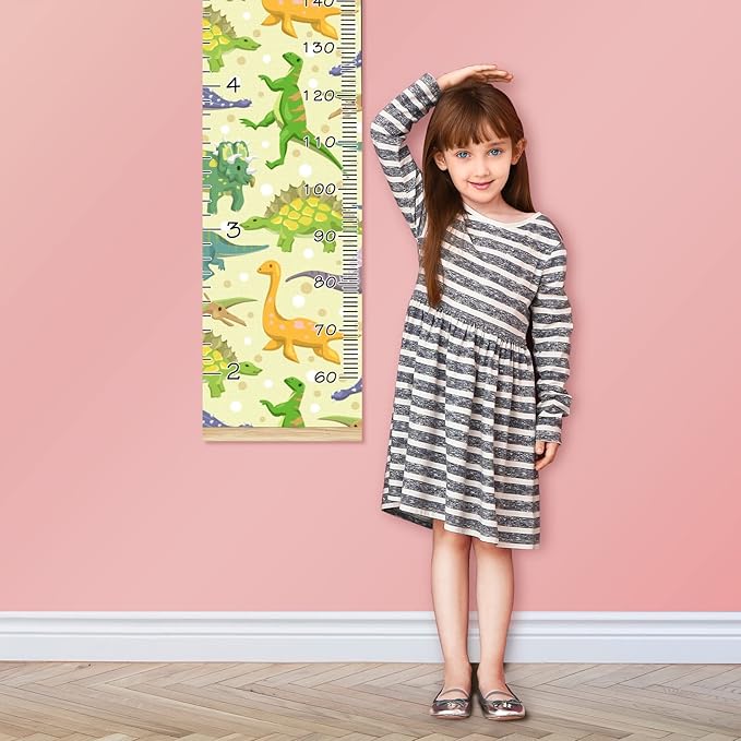 Personalized Kids Name Growth Chart Ruler for Wall Wood Frame Height Measure Chart 13.4x56 in Linen Hanging Height Growth Chart Cartoon Dinosaur Animal Kids Room Decor