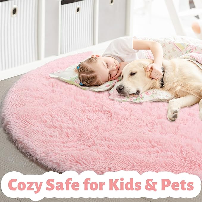 Amdrebio Pink Round Area Rugs 8Ft for Living Room, Bedroom Decor, Soft Large Circle Rug for Kids Room, Teen Girls, Fluffy Big Carpets for Baby Nursery, Dorm, Classroom, Cute Kawaii Princess Carpet