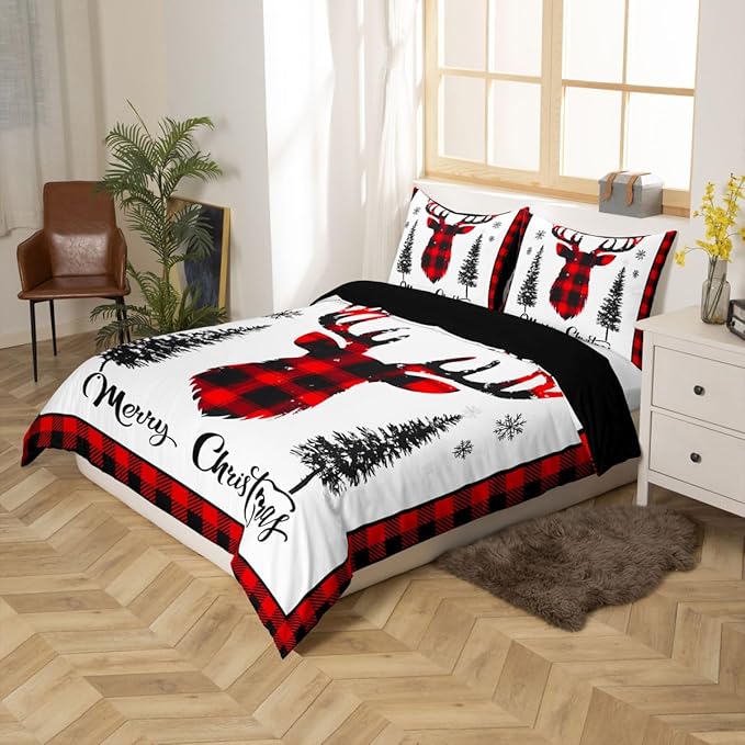 jejeloiu Christmas Bedding Set for Kids Boys Girls Xmas Deer Elk Antlers Comforter Cover Set Queen Size Buffalo Check Grid Duvet Cover Bedroom Decor Xmas Bedding Collection 3Pcs
