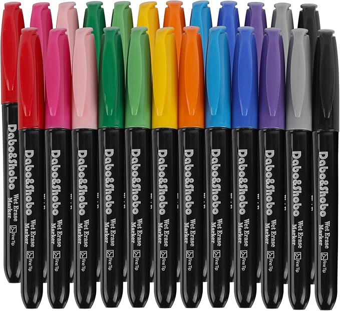 Dabo&Shobo Wet Erase Markers, 24-Count Smudge-Free Markers, 12 Colors Fine Tip, Erases With Water! Wet-Erase Low Odor Marker For Office, School And Home