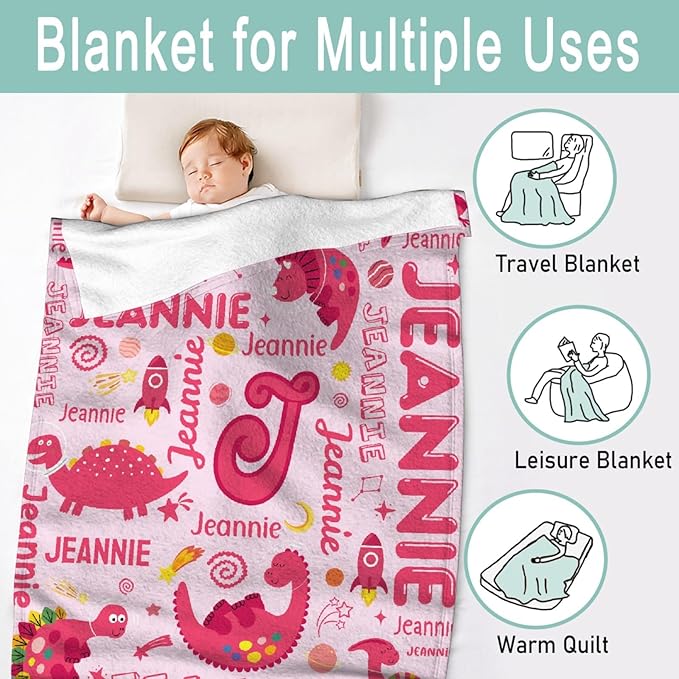 Dinosaur Lover Astronaut Personalized Blanket with Name Custom Pink Dinosaur with Name Flannel Blanket Soft Throw Meaningful Gift for Toddlers Girls Boys Kids Pets 120 * 90" XL for Family