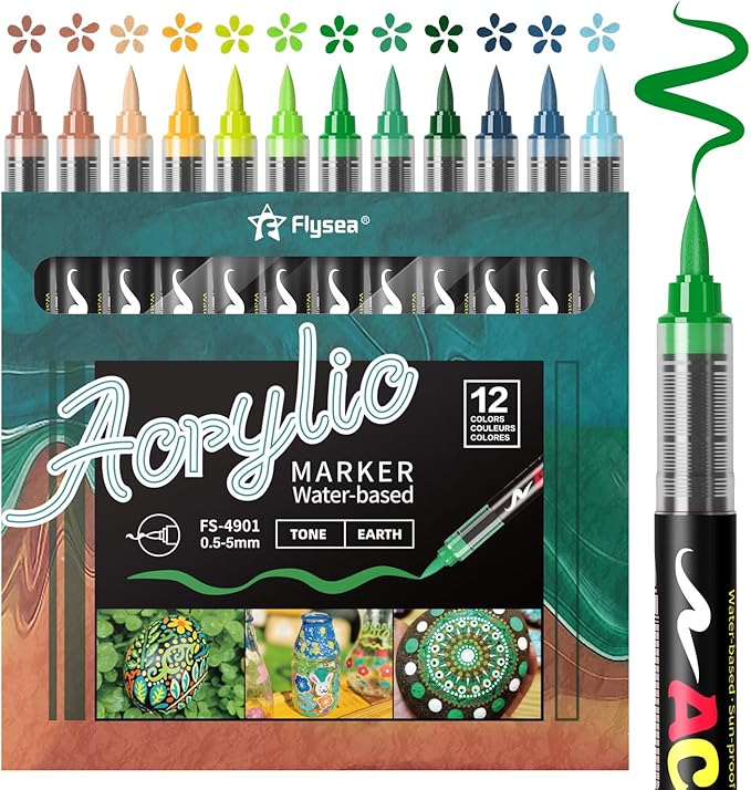 Paint Pens Acrylic Markers - 12 Earth Tone Brush Tip Water Based Marker Pens for Rock Painting, Wood, Ceramic, Glass, Acrylic Paint Markers for Egg Pumpkin