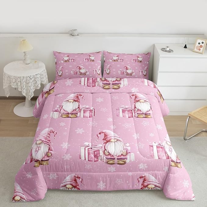 Feelyou Pink Christmas Bedding Set Soft for Boys Girls, Scandinavian Christmas Santa Gnomes Comforter Set Toddler Size Xmas Snowflake Duvet Quilt Bedroom Decor 2 Pcs with 1 Pillow Cases