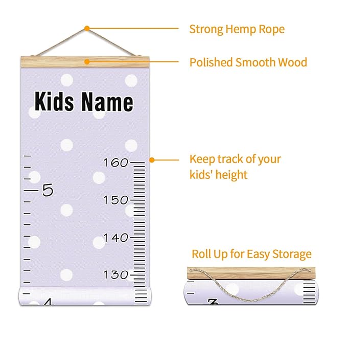 Personalized Kids Name Growth Chart Ruler for Wall Wood Frame Height Measure Chart 13.4x56 in Linen Hanging Height Growth Chart Polka Dot Purple Background Kids Room Decor