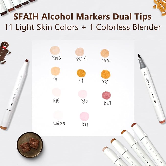 SFAIH Skin Tone Alcohol Markers Brush & Chisel - 11 Light Portrait Colors+Mixed Color 0, Blendable & Refillable Permanent Art Markers for Adults/Teen/Artists/Creators & Illustrators