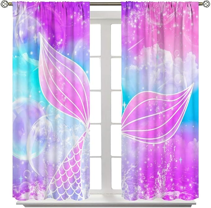 Suitable for Girls Mermaid Curtains, Rainbow Pink Purple Mermaid Tail Fish Scales Fantasy Ocean Print Curtains for Living Room Children Baby Room Nursery, 42x54 Inches