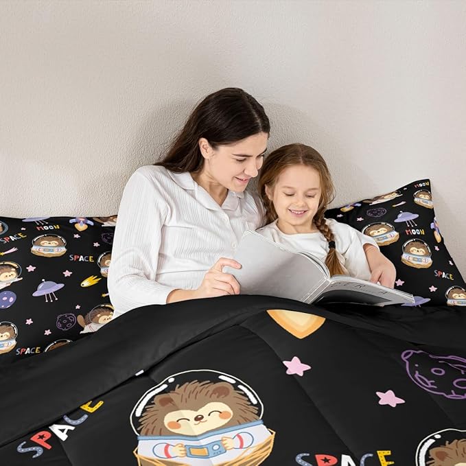 Castle Fairy Space Planet Boys Girls Comforter Set Full Size,Cartoon Hedgehog Astronaut Duvet Set Teens Bedroom Decor,Spaceship Starry Sky Microfiber Soft Bedding