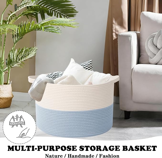 Large Blanket Basket for Organizing,115L Closet Organizers and Storage Bins Box for Shelves Woven Rope Storage Baskets,Living Room,Bedroom,Dorm,Laundry room (White&Blue)