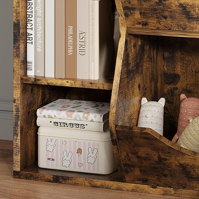 Kids Bookshelf, 32" 3-Tier Toy Storage Cabinet, Wooden Cube Storage Organizer with 5 Cubes and Spacious Top Shelf for Children's Room, Playroom, Hallway, Kindergarten, Bedroom, Playroom