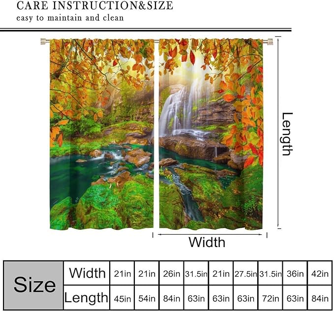 Waterfall Blackout Curtains, Waterfall Landscape Autumn Nature Leaves Forest Window Drapes, for Bedroom Living Room 63" W X 63" L