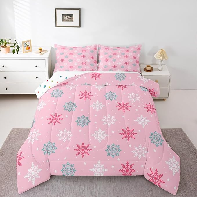 Feelyou Winter Snowflakes Bedding Set Soft for Boys Girls, Winter Holiday Comforter Set King Size Frozen Snowflake Duvet Quilt Microfiber Pink Bedroom Decor 3 Pcs with 2 Pillow Cases