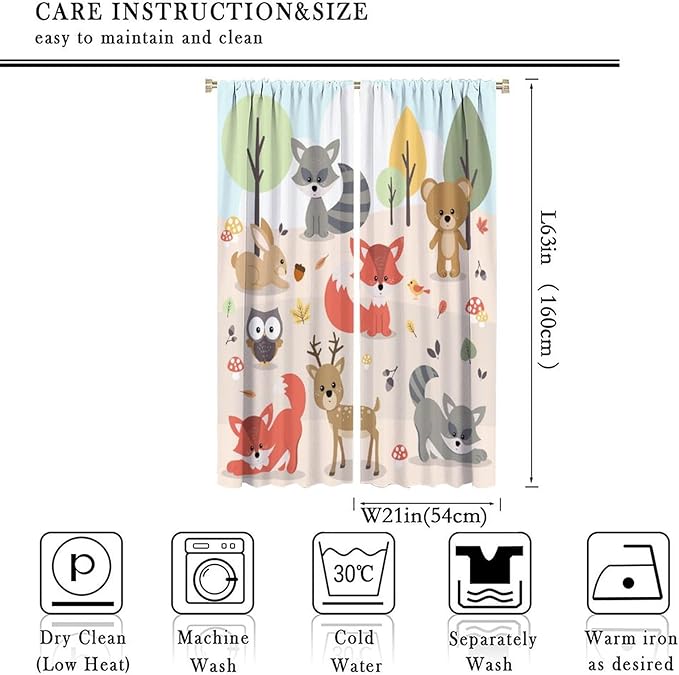 Kids Cartoon Forest Animal Curtains, Cute Woodland Animal Window Treatments for Bedroom Wildlife Fox Bear Deer Bunny Bird Window Drapes for Girls Boys Nursery Toddler Playroom 42x63in