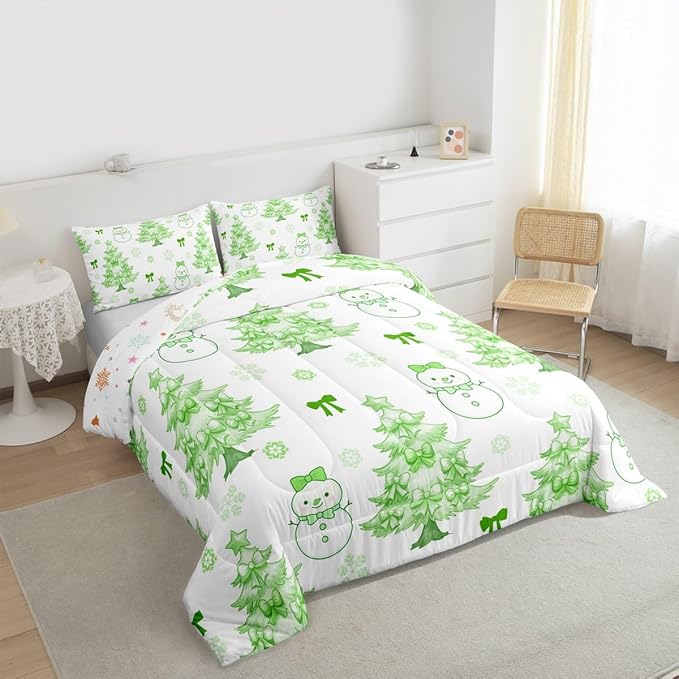Feelyou Merry Christmas Comforter Set All Season Cute Snowman Bedding Set with 1 Pillow Cases Cartoon Bowknot Microfiber Kids Twin Bedclothes Christmas Tree Duvet Quilt Breathable Soft Lightweight