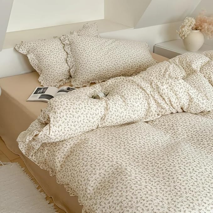 BuLuTu Muslin Duvet Cover for Queen Size Bed, Vintage Farmhouse Bedding Camellia Floral Quilt Cover with Ruffles, Soft Cotton Comforter Cover 90"x90", Zipper & Corner Ties, No Pillow
